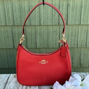 Coach Teri Hobo Shoulder Bag Pebble Leather Purse Red